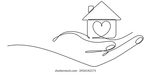 Hand holding house with heart continuous line drawn. Real estate protection concept. Charity symbol. Vector illustration isolated on white.