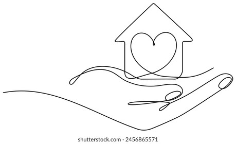 Mano sosteniendo la casa con el corazón línea continua dibujada. Concepto de protección inmobiliaria. Símbolo de caridad. Ilustración vectorial aislada en blanco.