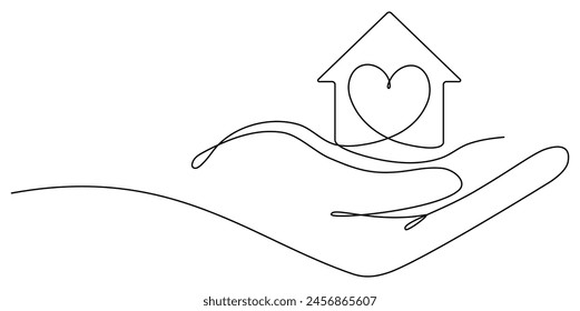 Hand holding house with heart continuous line drawn. Real estate protection concept. Charity symbol. Vector illustration isolated on white.