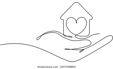 Hand holding house with heart continuous line drawn. Real estate protection concept. Charity symbol. Vector illustration isolated on white.