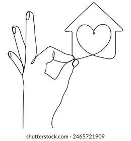 Hand holding house with heart shape continuous line drawn. Charity symbol. Vector illustration isolated on white.
