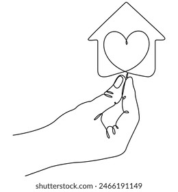 Hand holding house with heart shape continuous line drawn. Charity symbol. Vector illustration isolated on white.