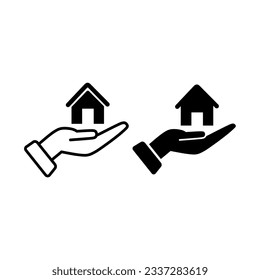 Hand holding house home window property traditional classic door roof vector illustration