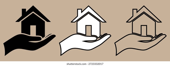 Uma mão segurando um ícone de casa, apresentado em preto, branco e estilos de contorno, simbolizando o cuidado e a propriedade.