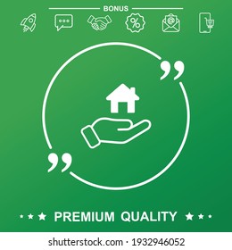 Hand holding house icon. Text inside quote symbol