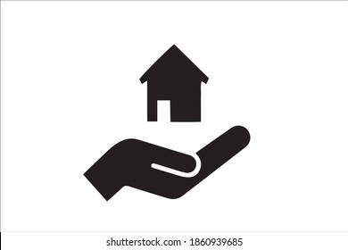Hand, die das Haus hält Symbol Vektorgrafik, Heimversicherung Vektorsymbol auf weißem Hintergrund, Das Symbol des Unternehmens für die Reparatur und Wartung des Hauses. Vektorgrafik.