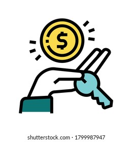 hand holding house key and coin color icon vector. hand holding house key and coin sign. isolated symbol illustration