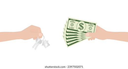 Hand Holding House Key and Dollar Banknote. House Real Estate Property. House Loan, Mortgage or Renting House Concept. Vector Illustration. 