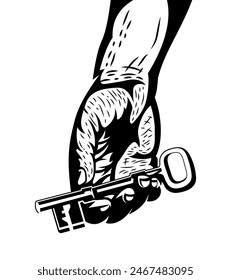 Hand holding house key line art vector illustration isolated on white background