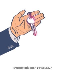 Hand holding house keys. Handing key to home. Vector graphic illustration sketch design. Template for sale, rent home. Isolated on white background. Real estate agent. Property gift.