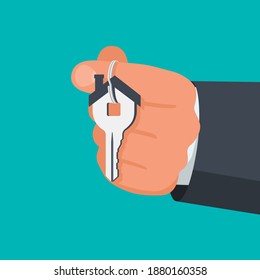Hand holding house keys. Handing key to home. Vector graphic illustration flat design. Template for sale, rent home. Isolated on white background. Real estate agent. Property gift.