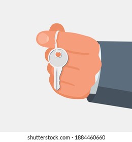 Hand holding house keys. Handing key to home. Vector graphic illustration flat design. Template for sale, rent home. Isolated on white background. Real estate agent. Property gift.