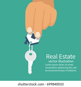 Hand holding house keys. Handing key to home. Vector graphic illustration flat design. Template for sale, rent home. Isolated on white background. Real estate agent. Property gift.
