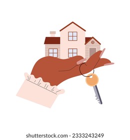 Hand holding house and keys for real estate agent or broker property buying. Realtor services emblem flat cartoon vector illustration isolated on white background.