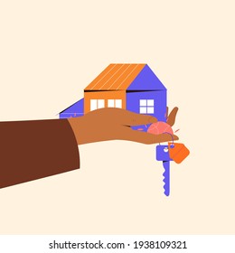 Hand holding house and keys. Vector illustration, real estate concept.