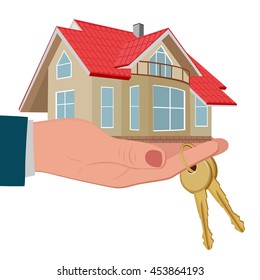hand holding house with keys, vector illustration