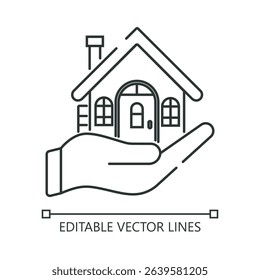 Hand holding a house linear animation, symbolizing home ownership, real estate, property investment. Vector isolated outline drawing. Editable stroke