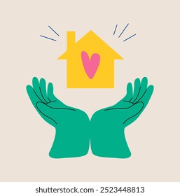 Hand holding house with love. Colorful vector illustration