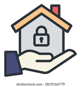 A hand holding a house with a padlock symbolizing protection security and safety