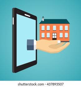 Hand holding house from screen of smartphone. Flat design.