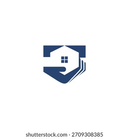 Mano que sostiene la casa como Plantilla de Vector del icono del logotipo de la forma del escudo