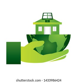 hand holding house solar panel eco friendly environment vector illustration