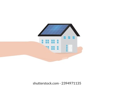 Hand Holding House with Solar Panel on the Roof. Solar Energy and Renewable Energy Sources. Clean and Green Energy. Vector Illustration.