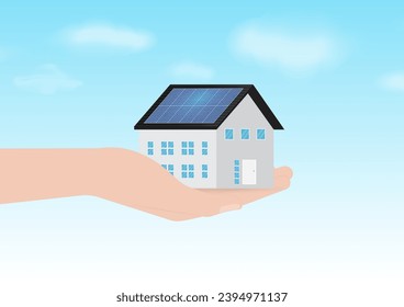 Casa de mano con panel solar en el techo. Energía solar y fuentes de energía renovable. Energía limpia y verde. Ilustración vectorial.