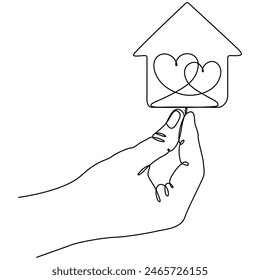 Casa de mano con dos corazones de línea continua dibujada. Concepto de protección inmobiliaria. Símbolo de familia. Ilustración vectorial aislada en blanco.