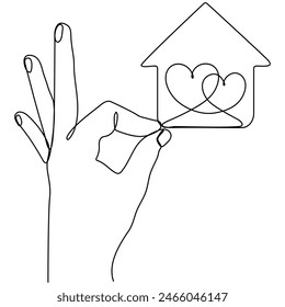 Hand holding house with two hearts continuous line drawn. Real estate protection concept. Family symbol. Vector illustration isolated on white.