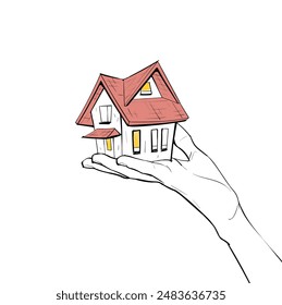 hand holding house vector art isolated on white