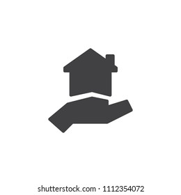 Hand holding house vector icon. filled flat sign for mobile concept and web design. House insurance simple solid icon. Mortgage Symbol, logo illustration. Pixel perfect vector graphics