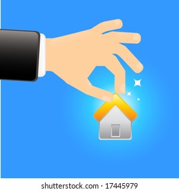 hand holding a house vector illustration isolated on blue background