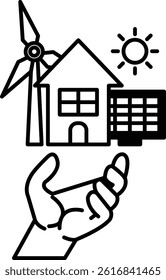 A hand is holding a house and a windmill