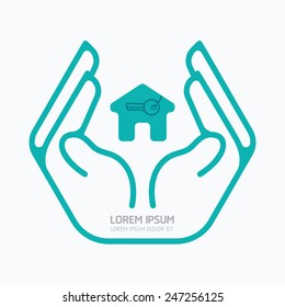 Hand holding house.flat logo design,safety care concept,on white background, vector illustration.