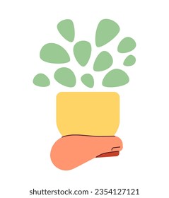 Hand holding houseplant semi flat colour vector object. Home interior decor. Small leaves. Editable cartoon clip art icon on white background. Simple spot illustration for web graphic design