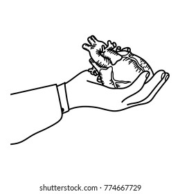 Hand holding a human heart vector illustration outline sketch hand drawn with black lines isolated on white background. Medical concept.