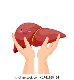 Hand holding human organ, liver. World Hepatitis Day awareness 28 July liver health. Health protection concept. Vector illustration isolated on white background.