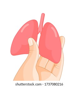 Hand holding human organ, lung. Human body part, internal organs. Health protection concept. Vector illustration isolated on white background.