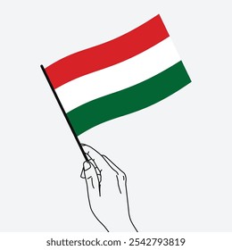 Hand holding Hungary flag in line art drawing style. Hungary hand Flag waving. Vector illustration