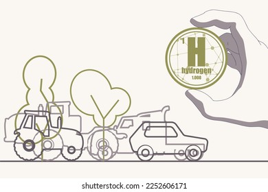 Hand holding hydrogen chemical element. Sign with atomic number and atomic weight. Chemical element of periodic table. Connected lines with dots. Zero emission fuel for vehicicles