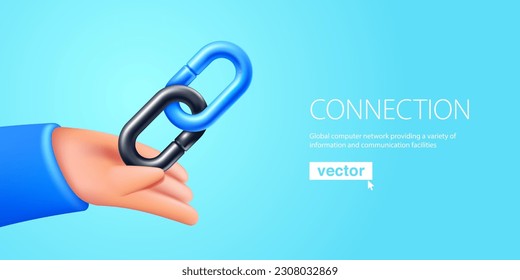 Hand holding hyperlink icon. Chain links in 3D cartoon plastic style. Realistic vector icon render. Teamwork emblem. Connection symbol for blockchain design, hotspot logo, crypto currency app, NFT UI.