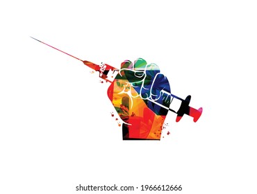 Hand holding hypodermic syringe with needle, healthcare and medical poster, vaccine shot concept. Colorful medical injection syringe for medical treatment, laboratory, hospital