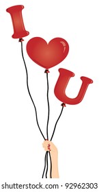 Hand holding 'I Heart U' Valentine balloons.