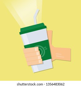 Hand holding ice coffee glass with yellow background. Vector illustration