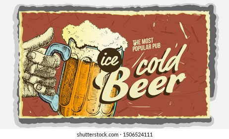 Hand Holding Ice Cold Foamy Beer Glass Vector. Full Cup With Alcohol Drink Beer On Promotional Poster In Retro Style And Grunge Textures Of Popular Pub. Brewery Liquid Flat Cartoon Illustration