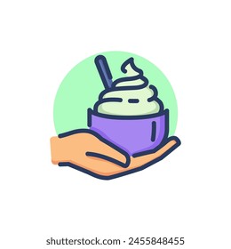 Hand holding ice cream in bowl line icon. Milk, spoon, vanilla outline sign. Dessert and food concept. Vector illustration for web design and apps