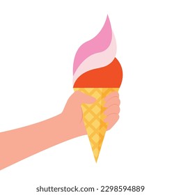 Hand holding ice cream cone on white background. Flat design stock vector illustration.