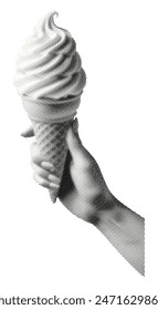 hand holding ice cream cone waffle isolated on white background retro vintage halftone effect grunge punk dotted cutout collage element for mixed media design magazine object