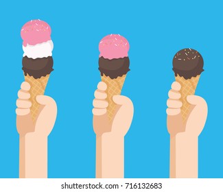 Hand holding ice cream in the cone design, set of ice cream cones, ice cream scoop on blue background.